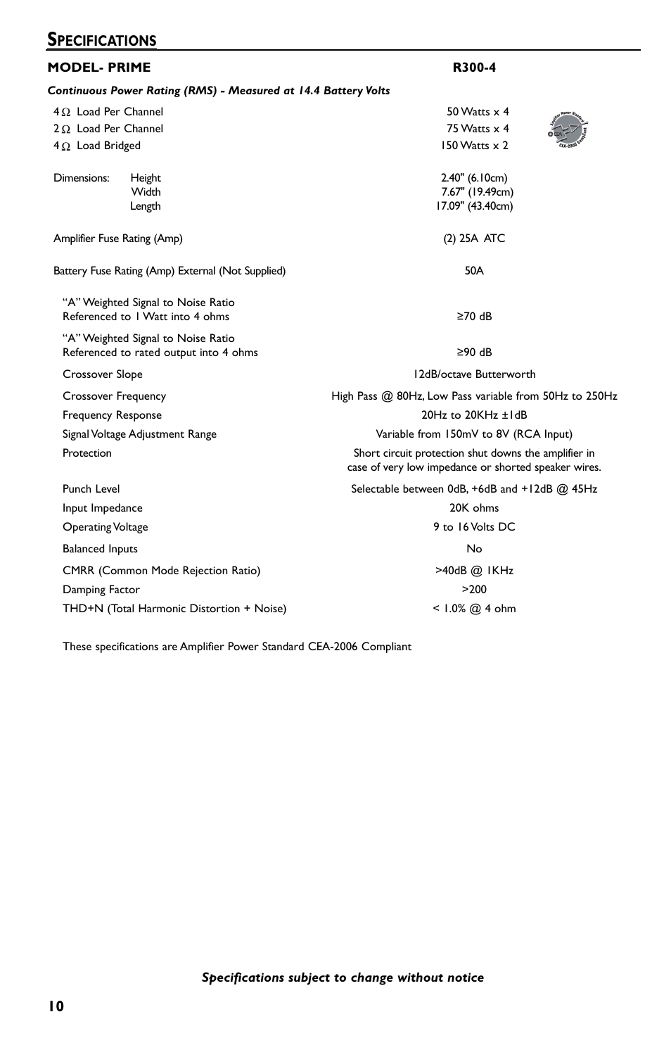 Pecifications | Rockford Fosgate Prime R300-4 User Manual | Page 10 / 52