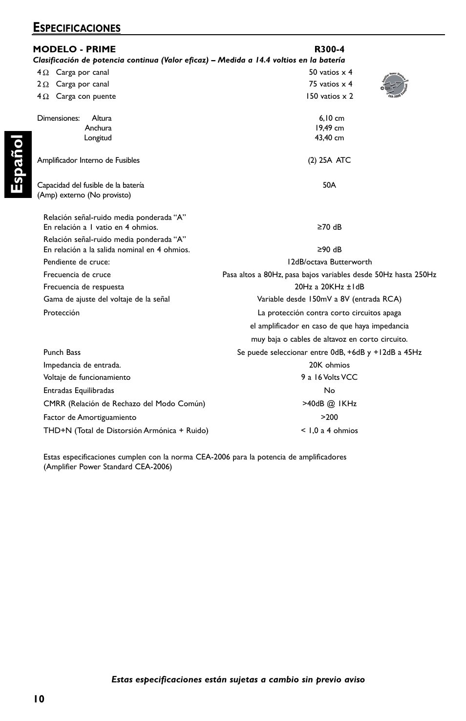 Es p añol, Specificaciones | Rockford Fosgate Prime R300-4 User Manual | Page 30 / 52