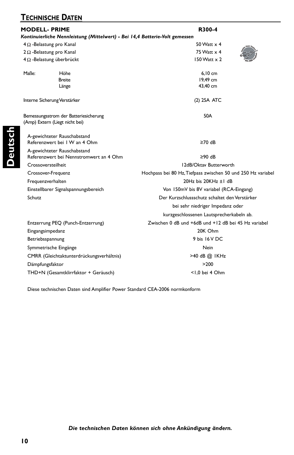 Deutsch, Echnische, Aten | Rockford Fosgate Prime R300-4 User Manual | Page 40 / 52