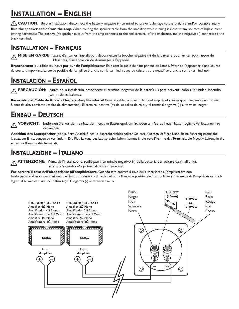Nstallation, Nglish, Nstalación | Spañol, Rançais, Inbau, Eutsch, Nstallazione, Taliano | Rockford Fosgate Prime R1L-2X12 User Manual | Page 2 / 4