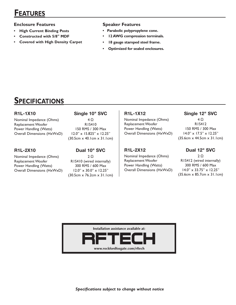 Eatures, Pecifications | Rockford Fosgate Prime R1L-2X12 User Manual | Page 3 / 4