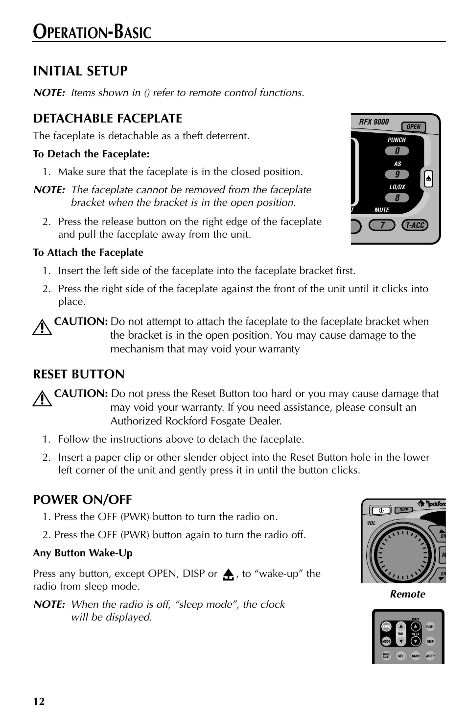 Peration, Asic, Initial setup | Detachable faceplate, Reset button, Power on/off | Rockford Fosgate RFX9000 User Manual | Page 12 / 80