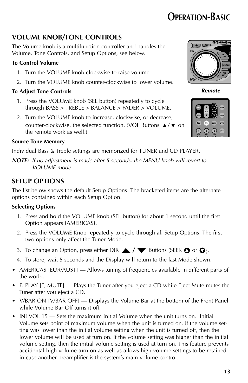 Peration, Asic, Volume knob/tone controls | Setup options | Rockford Fosgate RFX9000 User Manual | Page 13 / 80