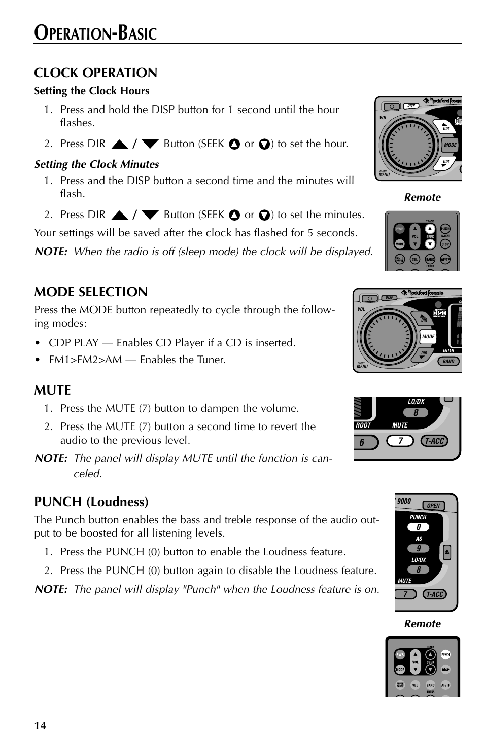 Peration, Asic, Clock operation | Mode selection, Mute, Punch (loudness), Remote | Rockford Fosgate RFX9000 User Manual | Page 14 / 80