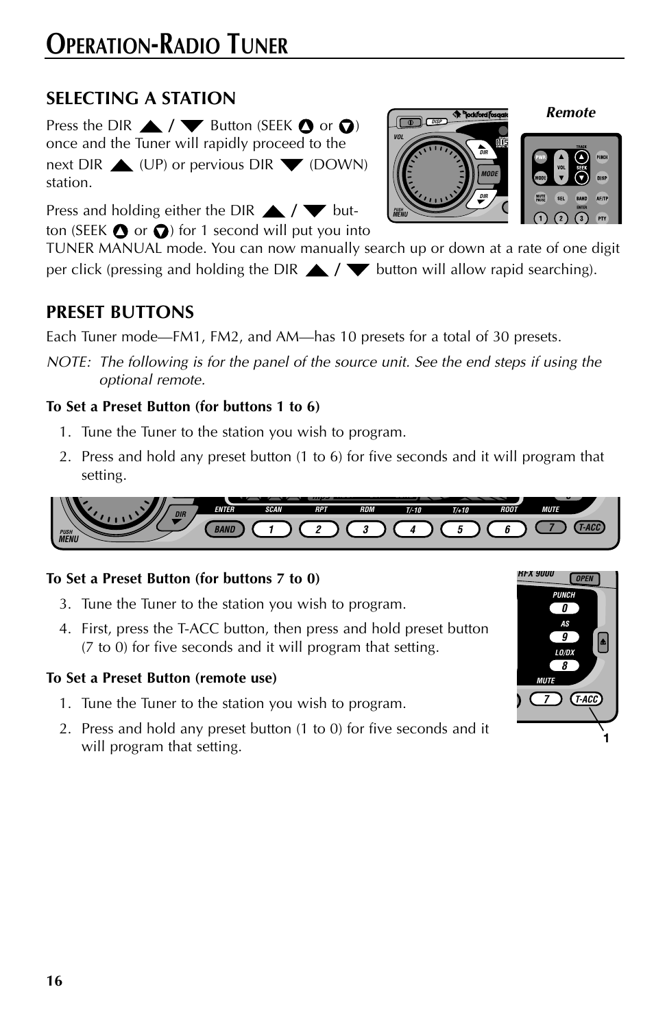 Peration, Adio, Uner | Selecting a station, Preset buttons | Rockford Fosgate RFX9000 User Manual | Page 16 / 80
