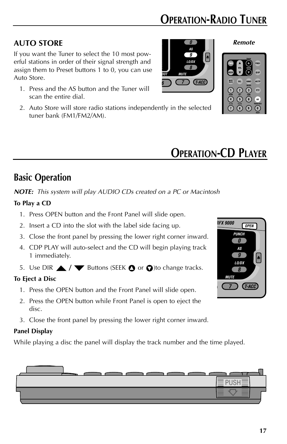 Cd p, Basic operation, Peration | Adio, Uner, Layer, Auto store | Rockford Fosgate RFX9000 User Manual | Page 17 / 80