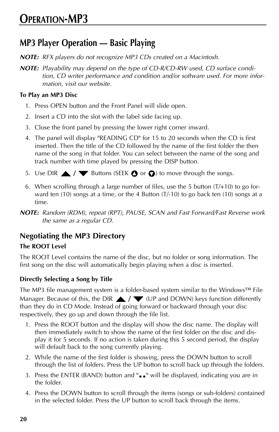 Mp3 player operation — basic playing, Peration | Rockford Fosgate RFX9000 User Manual | Page 20 / 80