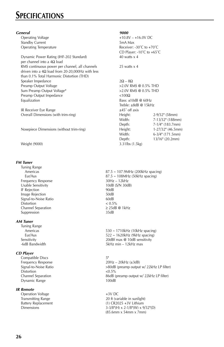 Pecifications | Rockford Fosgate RFX9000 User Manual | Page 26 / 80