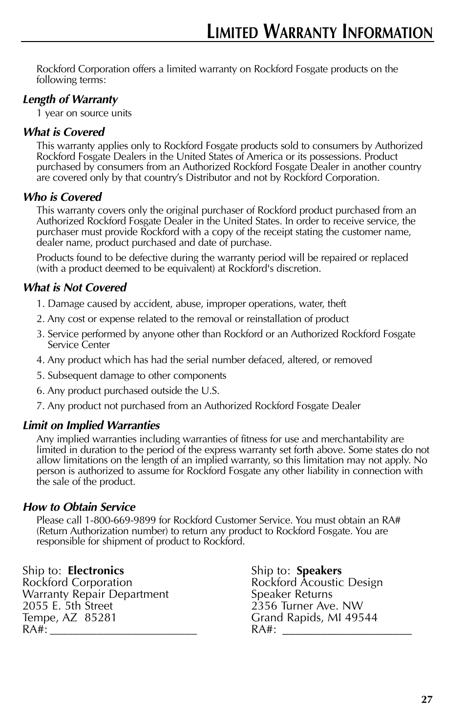 Imited, Arranty, Nformation | Rockford Fosgate RFX9000 User Manual | Page 27 / 80
