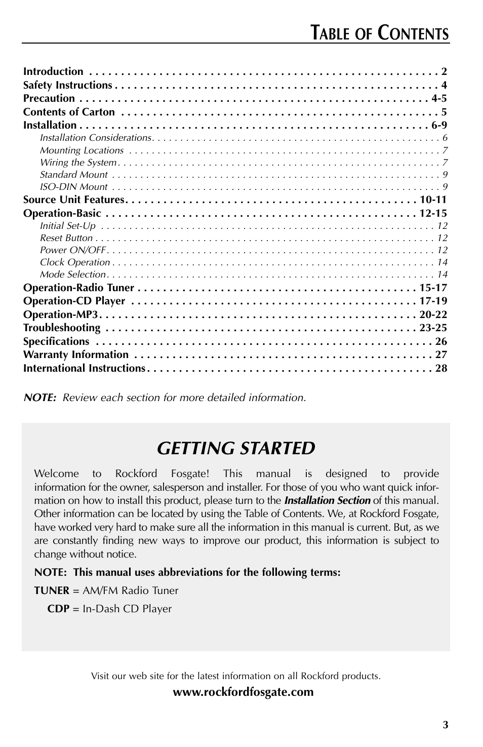 Getting started, Able of, Ontents | Rockford Fosgate RFX9000 User Manual | Page 3 / 80