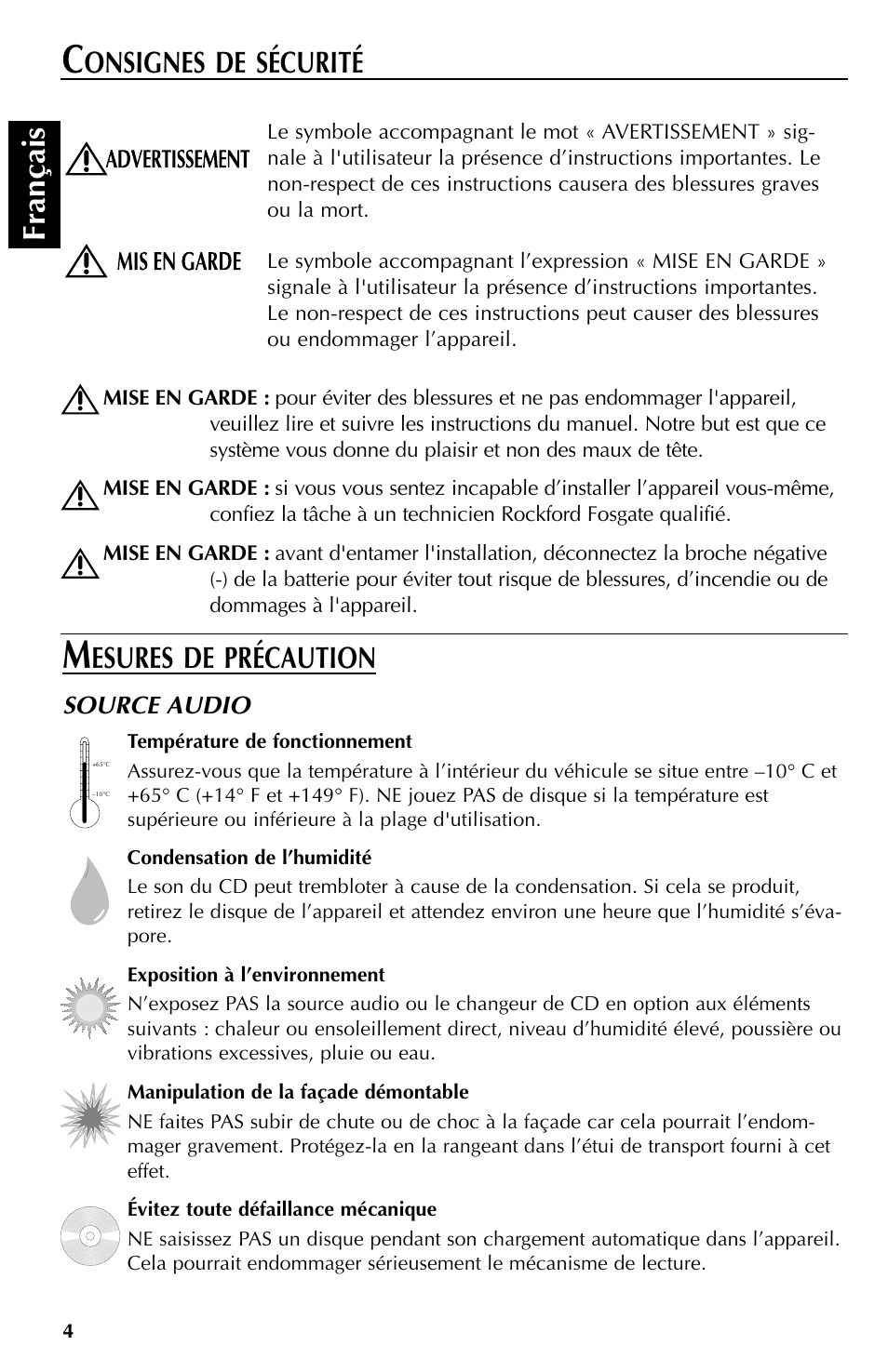 Fran çais, Onsignes de sécurité, Esures de précaution | Rockford Fosgate RFX9000 User Manual | Page 30 / 80