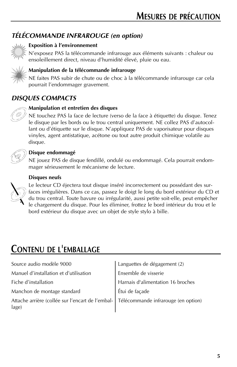 Esures de précaution, Ontenu de l, Emballage | Télécommande infrarouge (en option), Disques compacts | Rockford Fosgate RFX9000 User Manual | Page 31 / 80