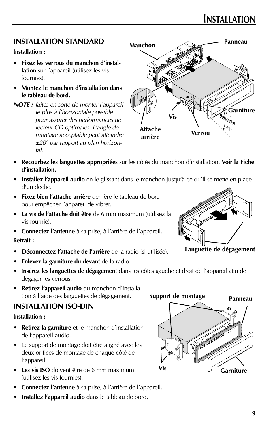 Nstallation, Installation standard, Installation iso-din | Rockford Fosgate RFX9000 User Manual | Page 35 / 80