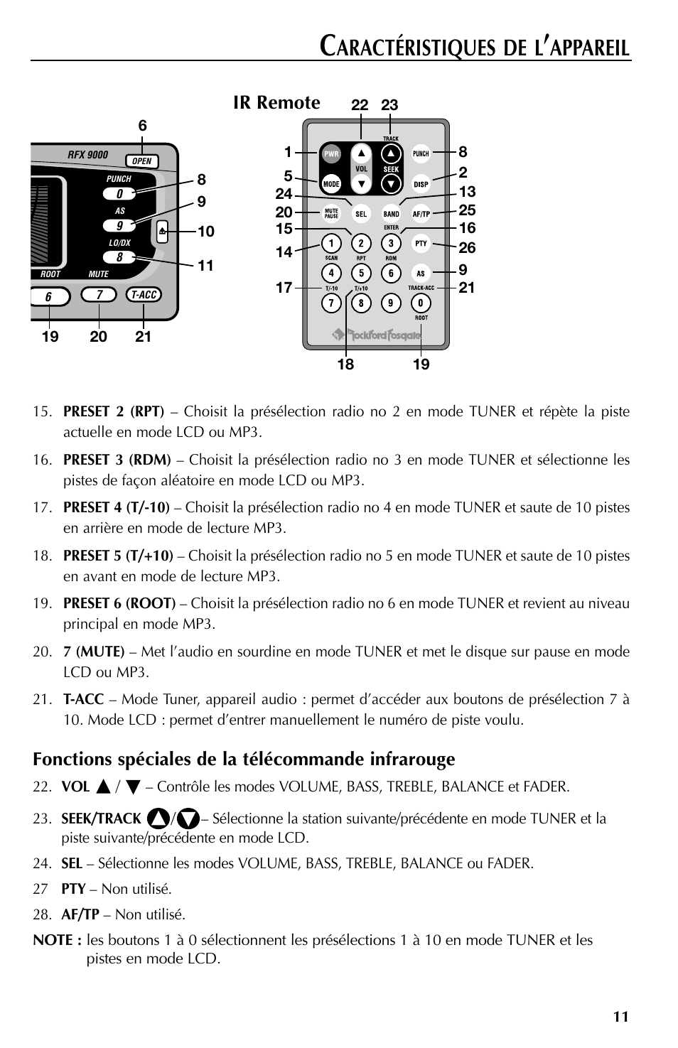 Aractéristiques de l, Appareil, Ir remote | Fonctions spéciales de la télécommande infrarouge | Rockford Fosgate RFX9000 User Manual | Page 37 / 80
