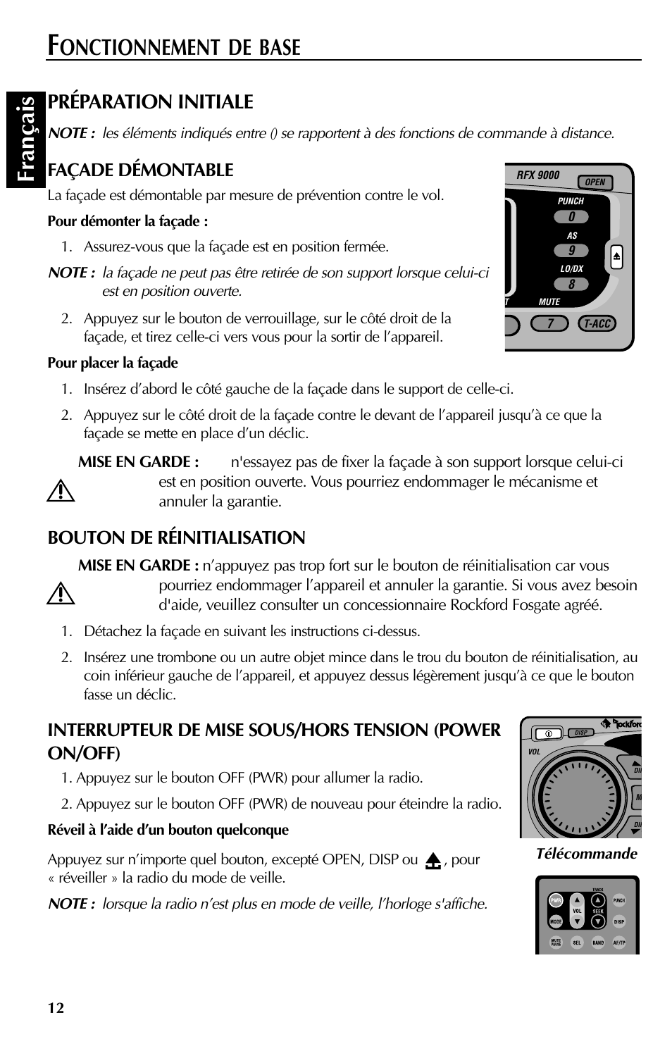 Fran çais, Onctionnement de base, Préparation initiale | Façade démontable, Bouton de réinitialisation | Rockford Fosgate RFX9000 User Manual | Page 38 / 80