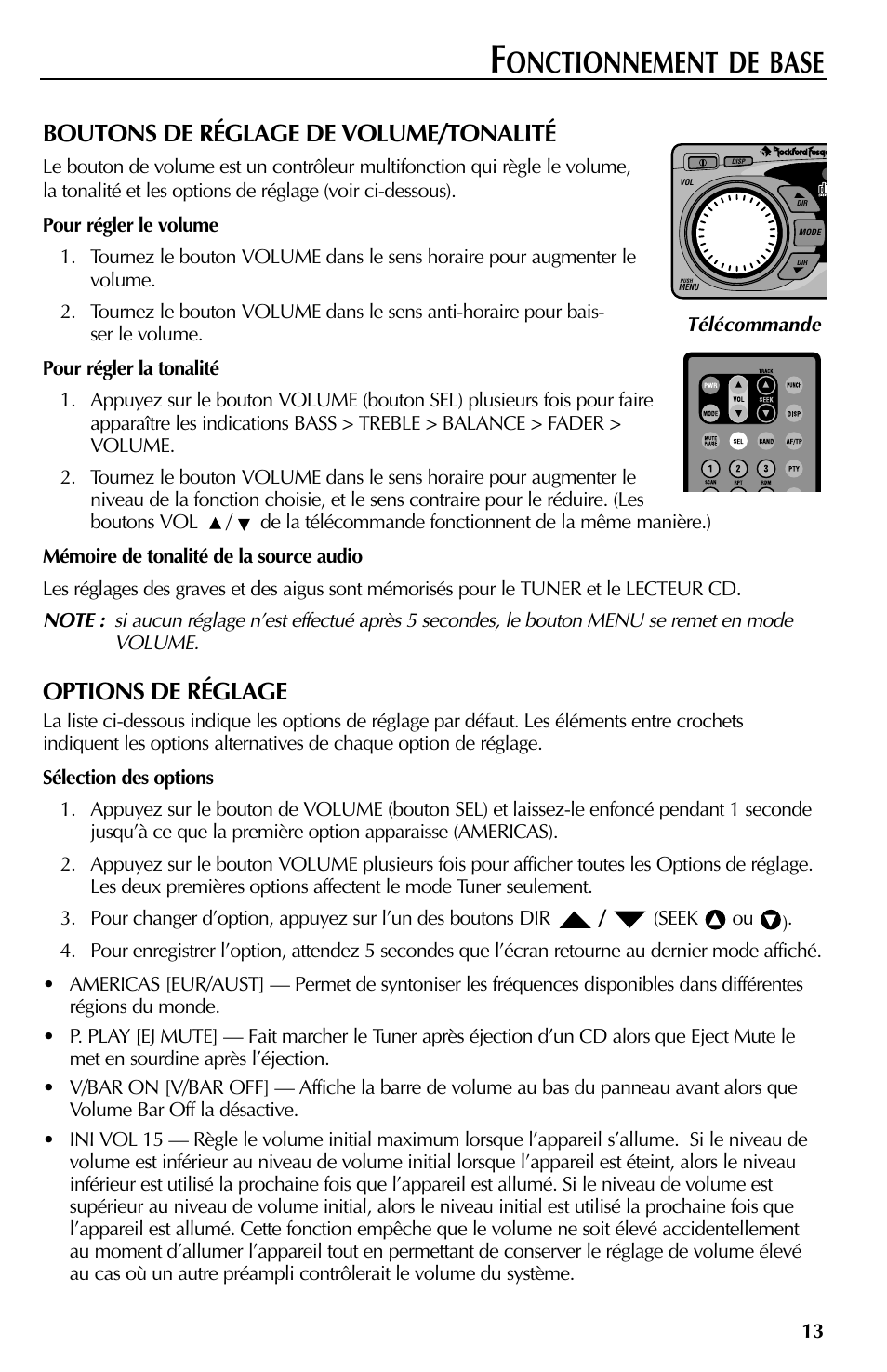 Onctionnement de base, Boutons de réglage de volume/tonalité, Options de réglage | Rockford Fosgate RFX9000 User Manual | Page 39 / 80