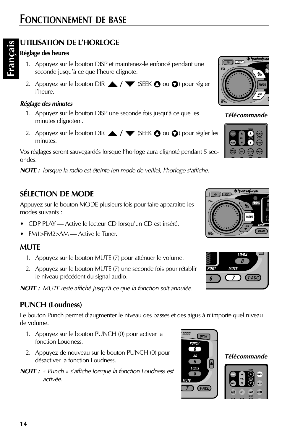 Français, Onctionnement de base, Utilisation de l’horloge | Sélection de mode, Mute, Punch (loudness), Télécommande | Rockford Fosgate RFX9000 User Manual | Page 40 / 80