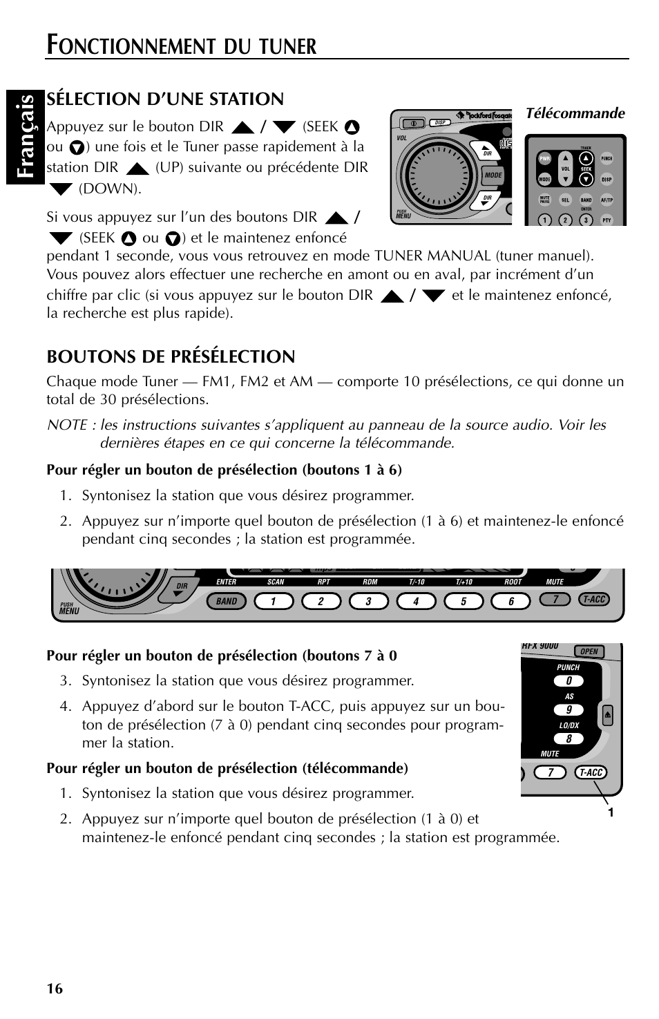 Français, Onctionnement du tuner, Sélection d’une station | Boutons de présélection, Télécommande | Rockford Fosgate RFX9000 User Manual | Page 42 / 80