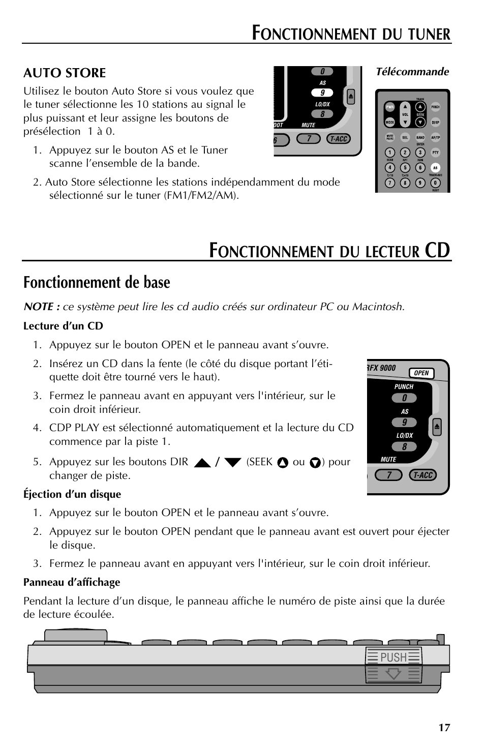 Fonctionnement de base, Onctionnement du tuner, Onctionnement du lecteur | Auto store | Rockford Fosgate RFX9000 User Manual | Page 43 / 80