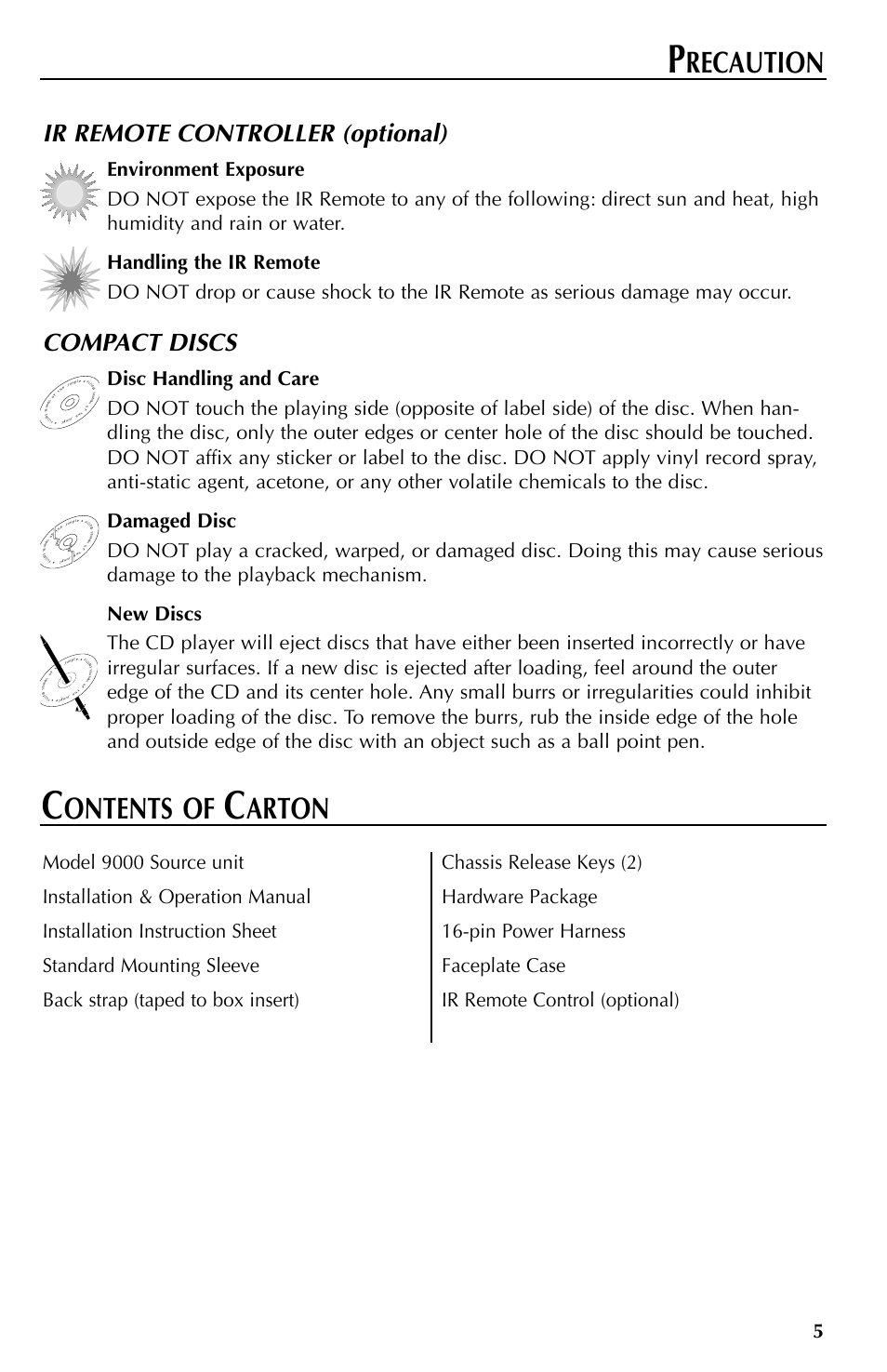 Recaution, Ontents of, Arton | Ir remote controller (optional), Compact discs | Rockford Fosgate RFX9000 User Manual | Page 5 / 80