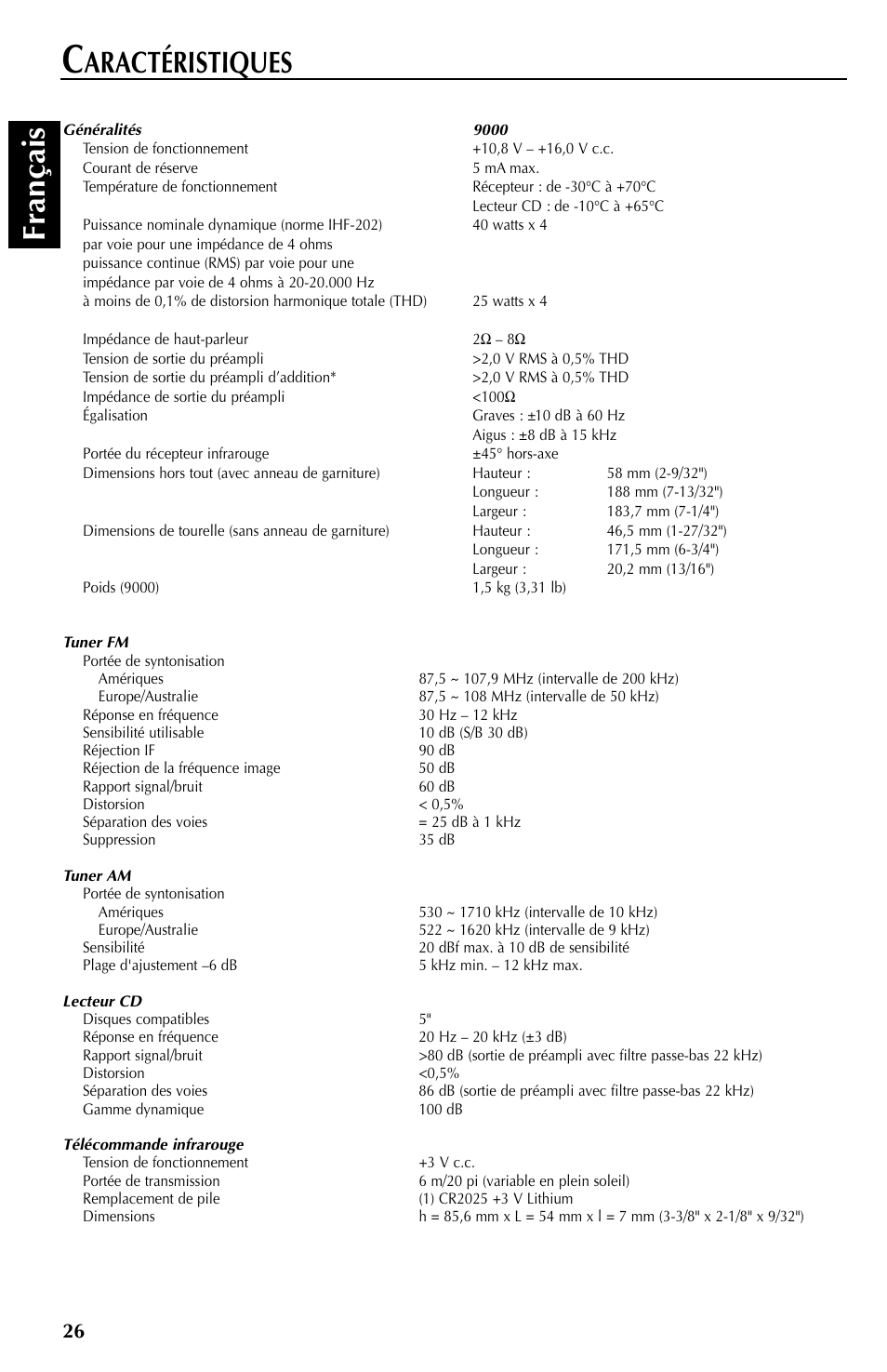 Fran çais, Aractéristiques | Rockford Fosgate RFX9000 User Manual | Page 52 / 80
