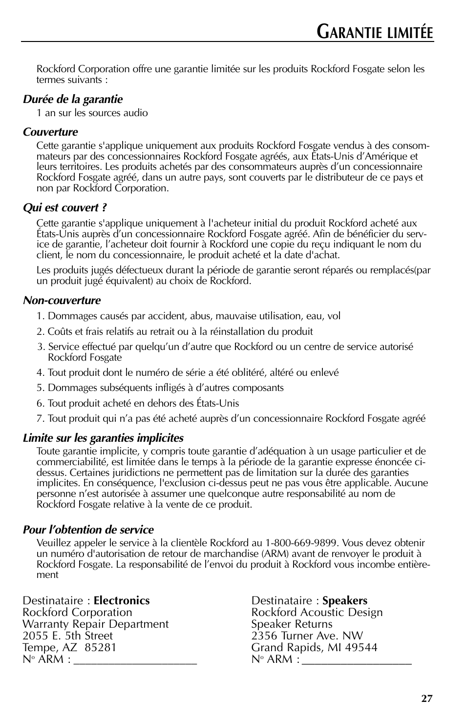 Arantie limitée | Rockford Fosgate RFX9000 User Manual | Page 53 / 80