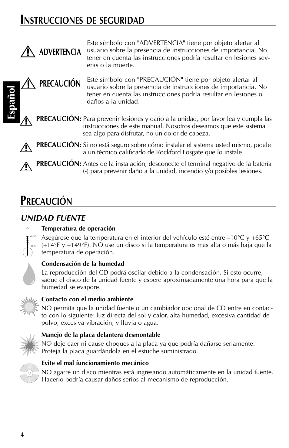 Espa ñ ol, Nstrucciones de seguridad, Recaución | Rockford Fosgate RFX9000 User Manual | Page 56 / 80