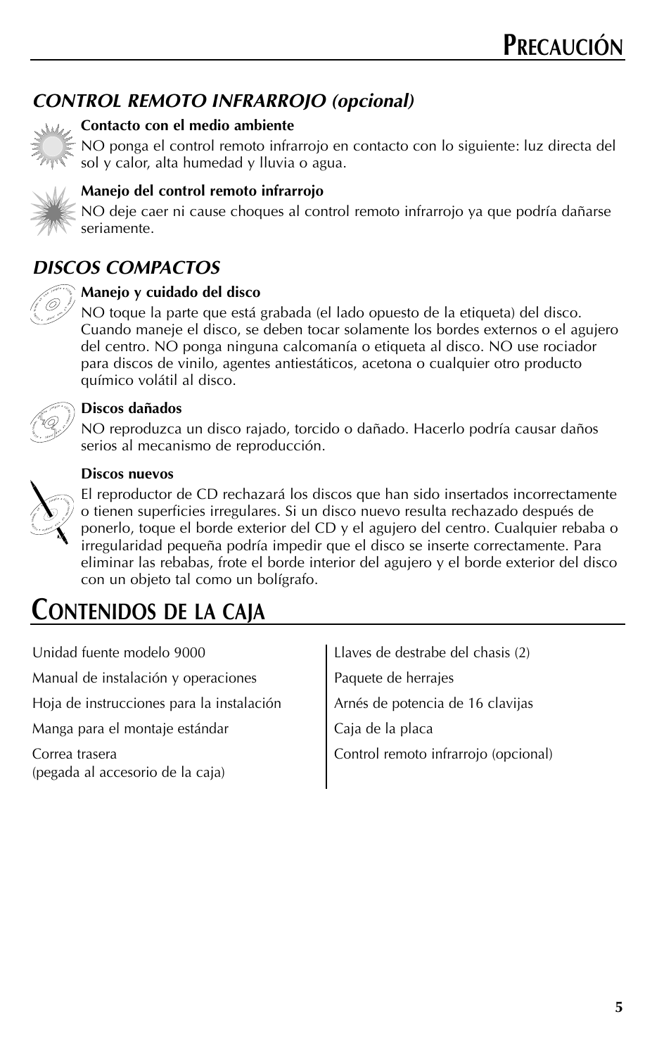 Recaución, Ontenidos de la caja, Control remoto infrarrojo (opcional) | Discos compactos | Rockford Fosgate RFX9000 User Manual | Page 57 / 80