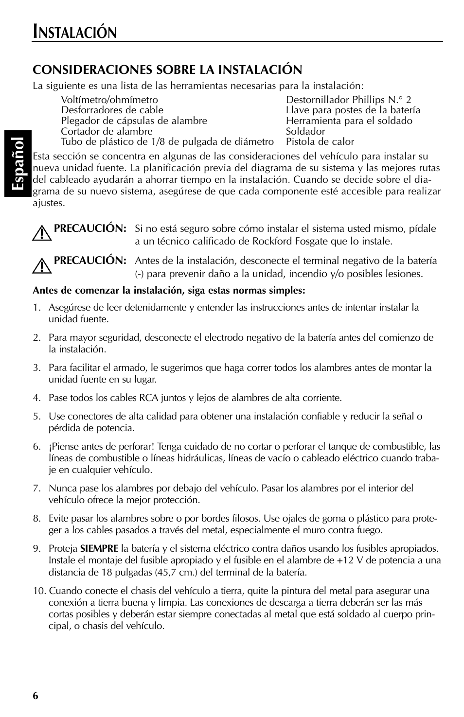 Espa ñ ol, Nstalación | Rockford Fosgate RFX9000 User Manual | Page 58 / 80
