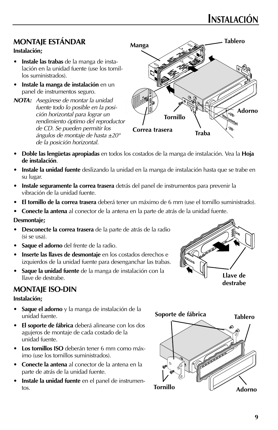 Nstalación, Montaje estándar, Montaje iso-din | Rockford Fosgate RFX9000 User Manual | Page 61 / 80