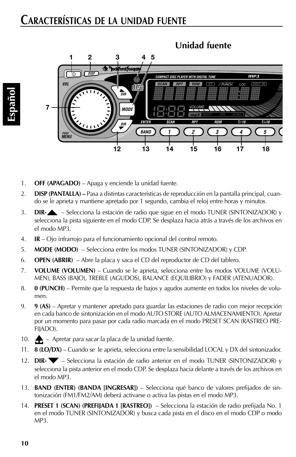 Espa ñ ol, Aracterísticas de la unidad fuente, Unidad fuente | Source unit | Rockford Fosgate RFX9000 User Manual | Page 62 / 80