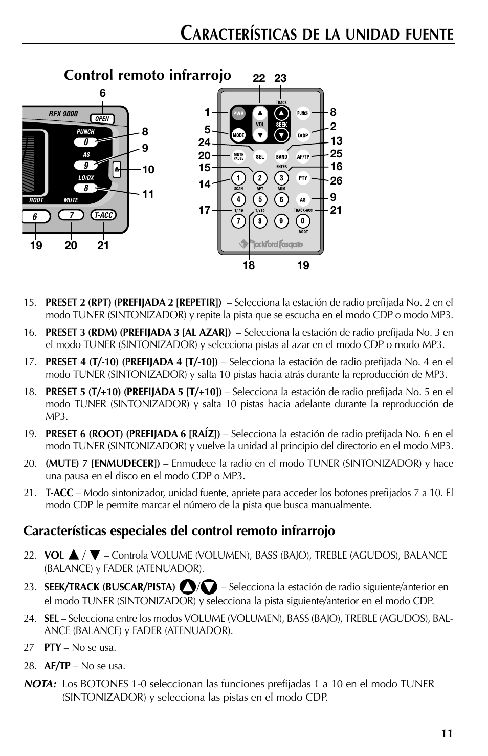 Aracterísticas de la unidad fuente, Control remoto infrarrojo, Ir remote | Rockford Fosgate RFX9000 User Manual | Page 63 / 80