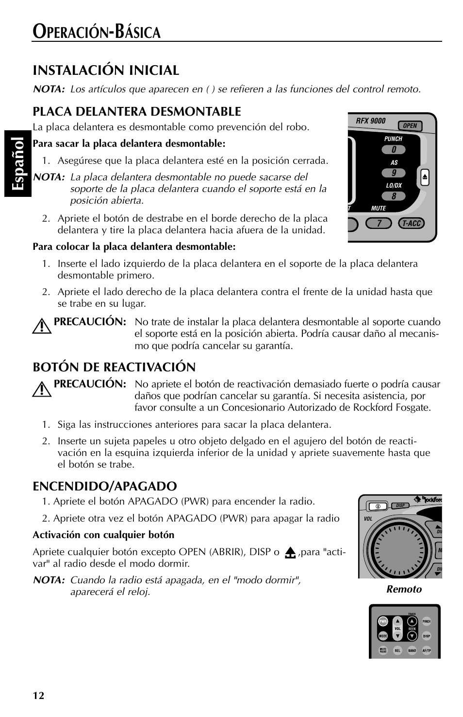 Espa ñ ol, Peración, Ásica | Instalación inicial, Placa delantera desmontable, Botón de reactivación, Encendido/apagado | Rockford Fosgate RFX9000 User Manual | Page 64 / 80