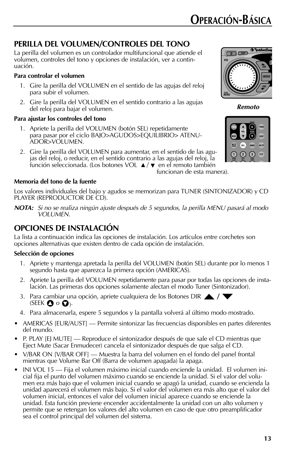 Peración, Ásica, Perilla del volumen/controles del tono | Opciones de instalación | Rockford Fosgate RFX9000 User Manual | Page 65 / 80