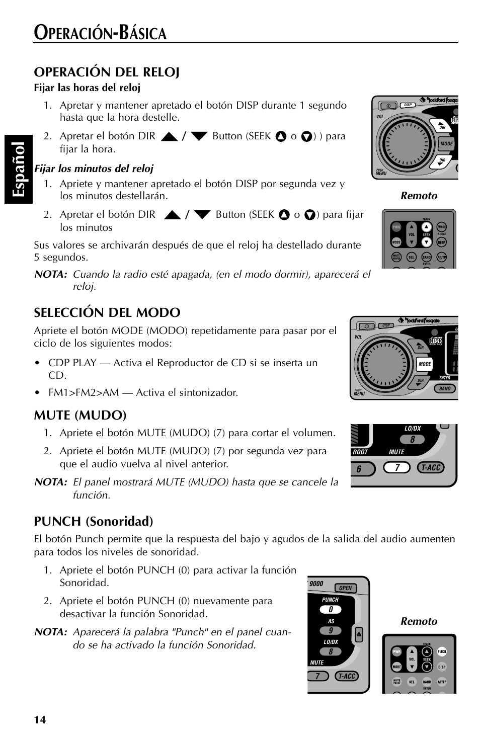 Español, Peración, Ásica | Operación del reloj, Selección del modo, Mute (mudo), Punch (sonoridad) | Rockford Fosgate RFX9000 User Manual | Page 66 / 80