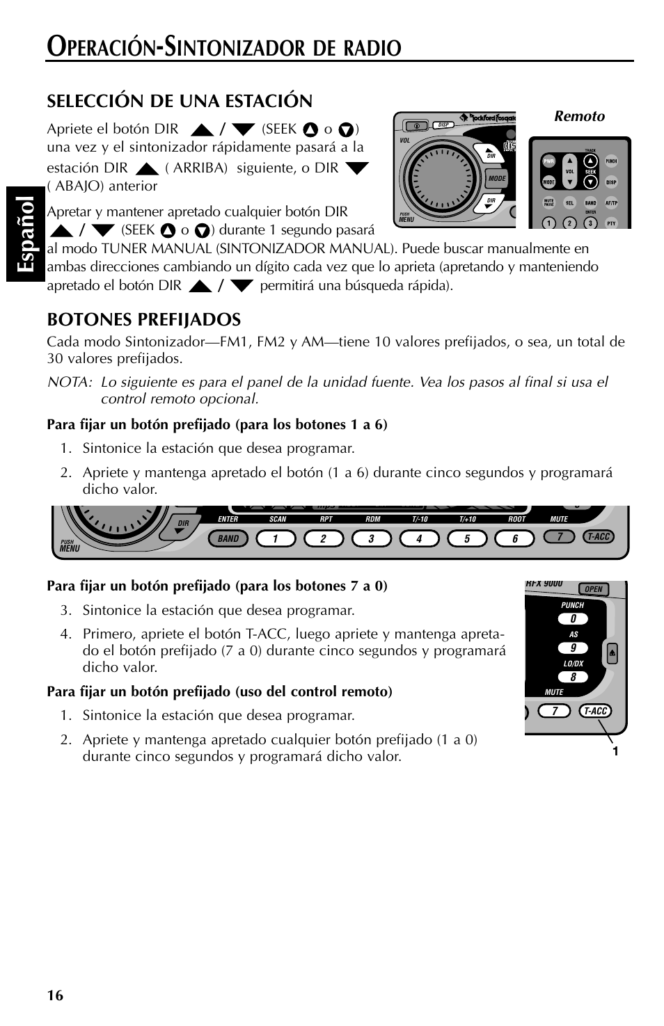 Español, Peración, Intonizador de radio | Selección de una estación, Botones prefijados, Remoto | Rockford Fosgate RFX9000 User Manual | Page 68 / 80