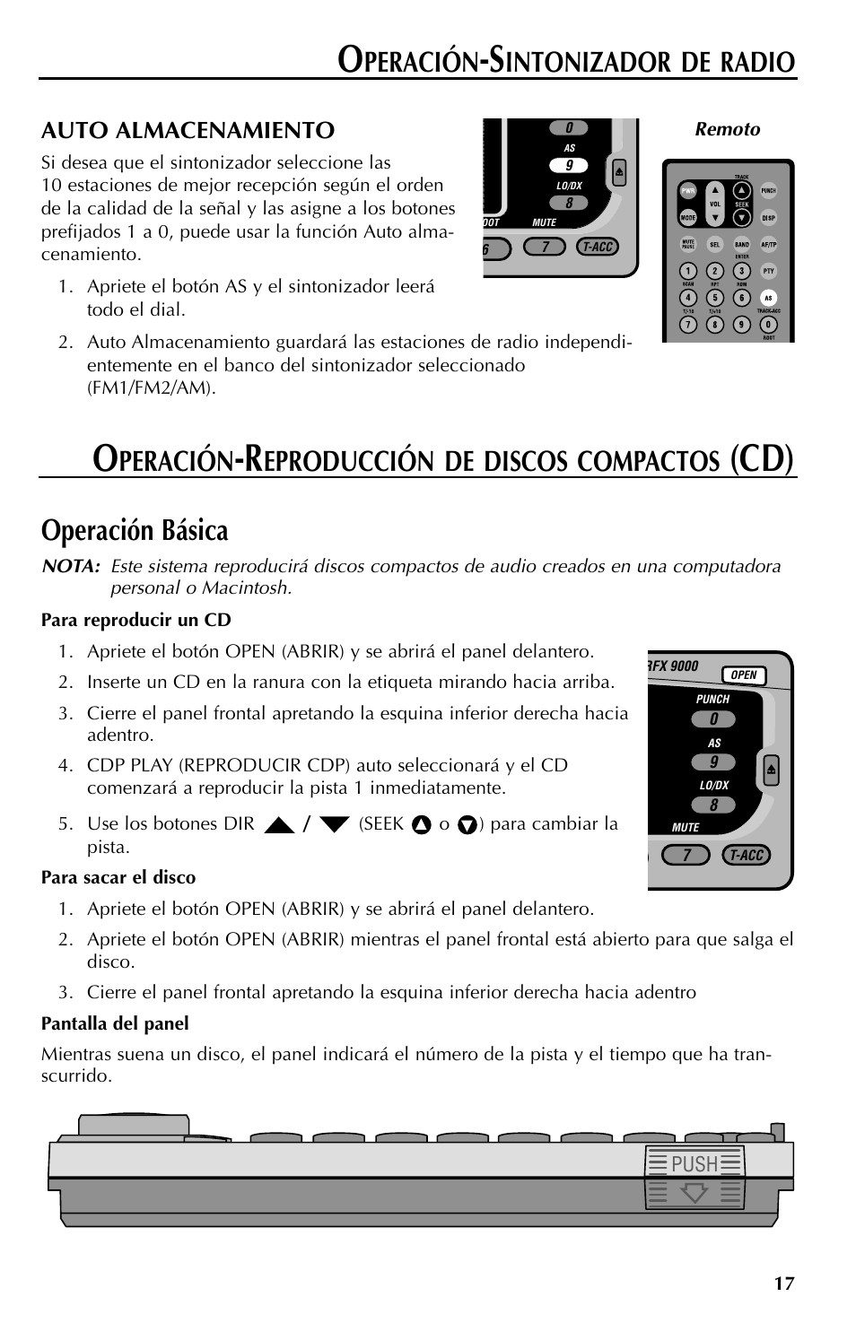 Operación básica, Peración, Intonizador de radio | Eproducción de discos compactos, Auto almacenamiento | Rockford Fosgate RFX9000 User Manual | Page 69 / 80