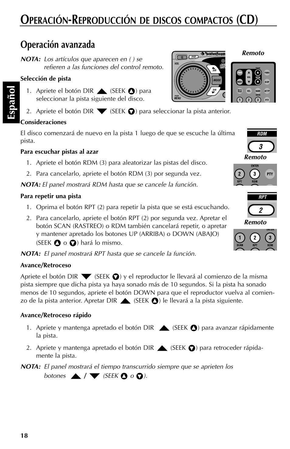 Espa ñ ol operación avanzada, Peración, Eproducción de discos compactos | Rockford Fosgate RFX9000 User Manual | Page 70 / 80