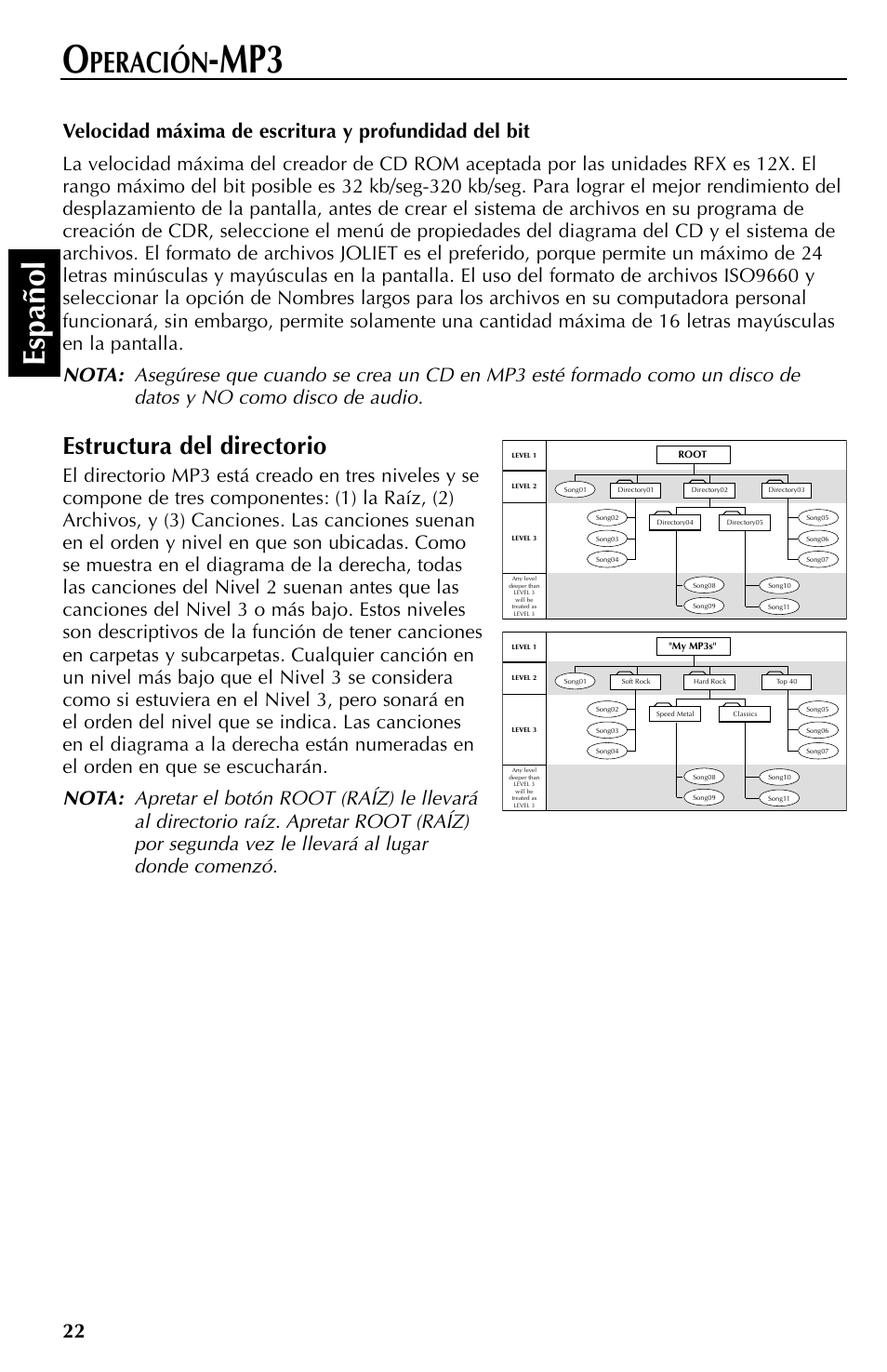 Espa ñ ol, Peración, Estructura del directorio | Rockford Fosgate RFX9000 User Manual | Page 74 / 80