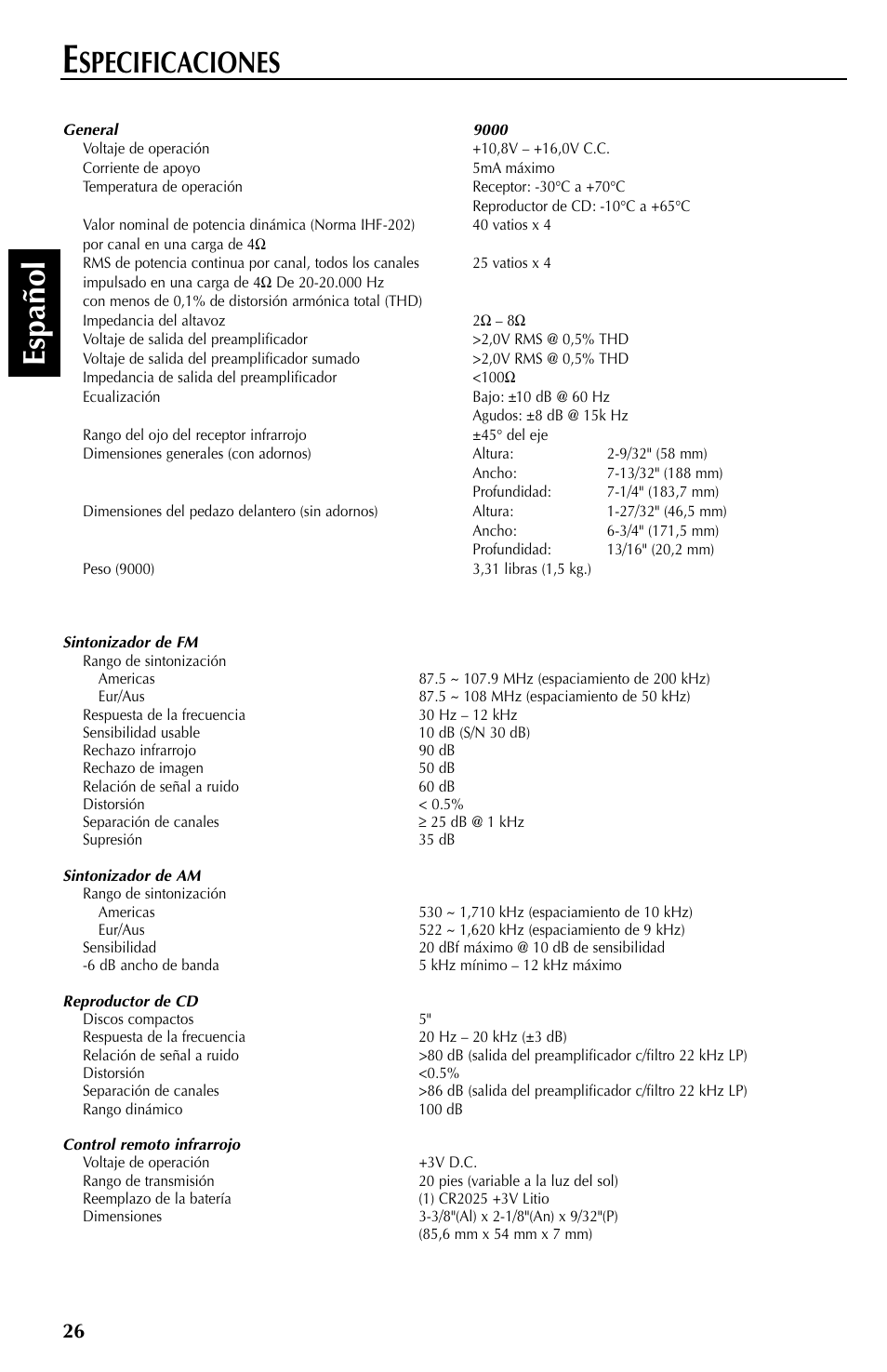 Espa ñ ol, Specificaciones | Rockford Fosgate RFX9000 User Manual | Page 78 / 80
