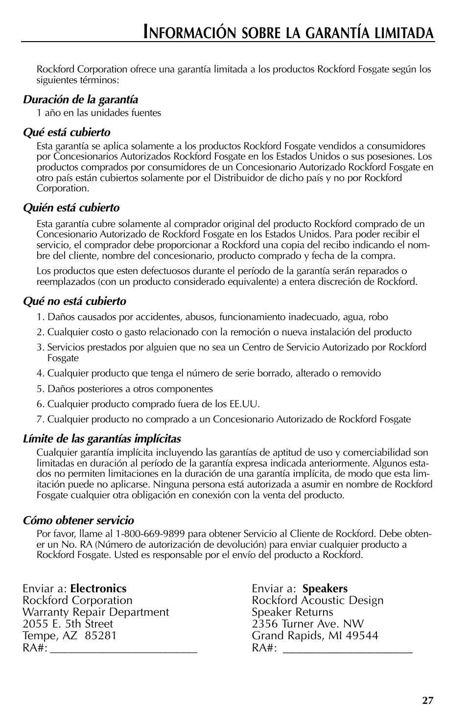 Nformación sobre la garantía limitada | Rockford Fosgate RFX9000 User Manual | Page 79 / 80