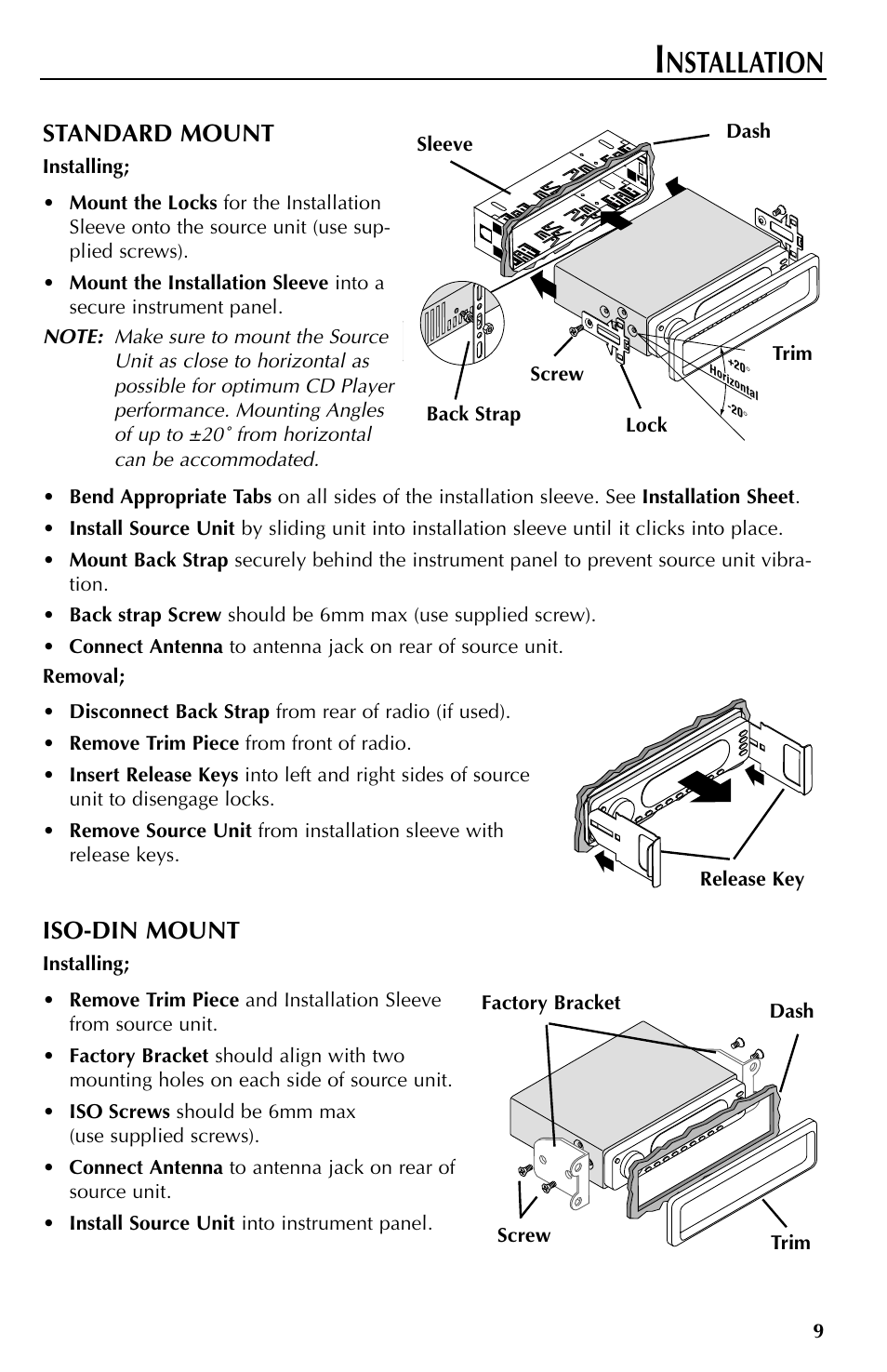 Nstallation, Standard mount, Iso-din mount | Rockford Fosgate RFX9000 User Manual | Page 9 / 80