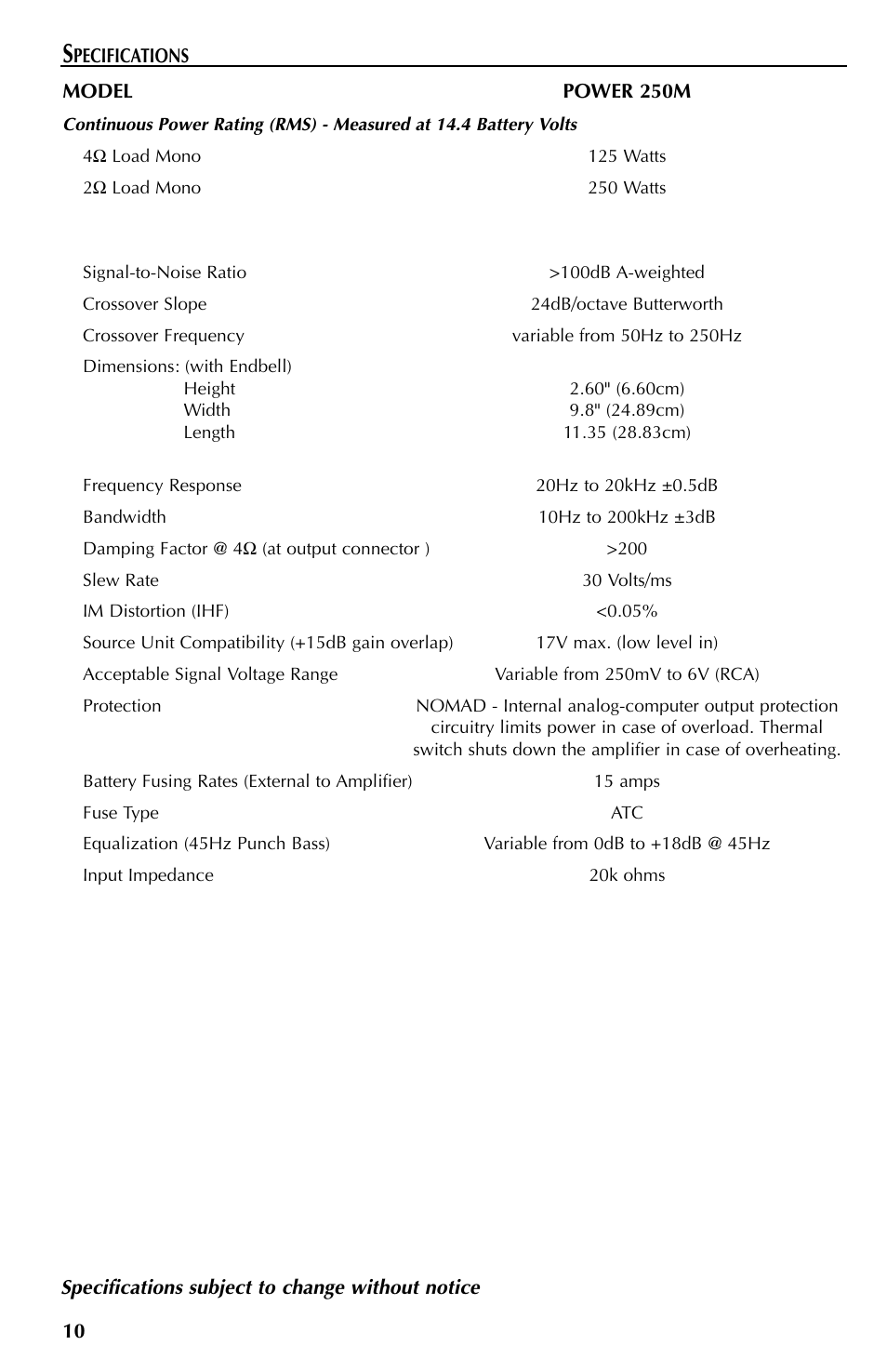 Specs | Rockford Fosgate punch 250M User Manual | Page 10 / 12