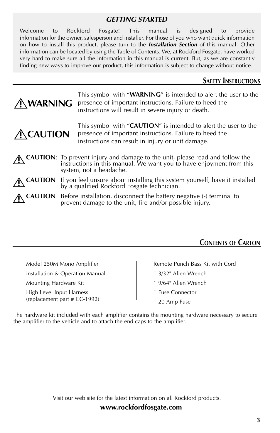 Contents of carton | Rockford Fosgate punch 250M User Manual | Page 3 / 12