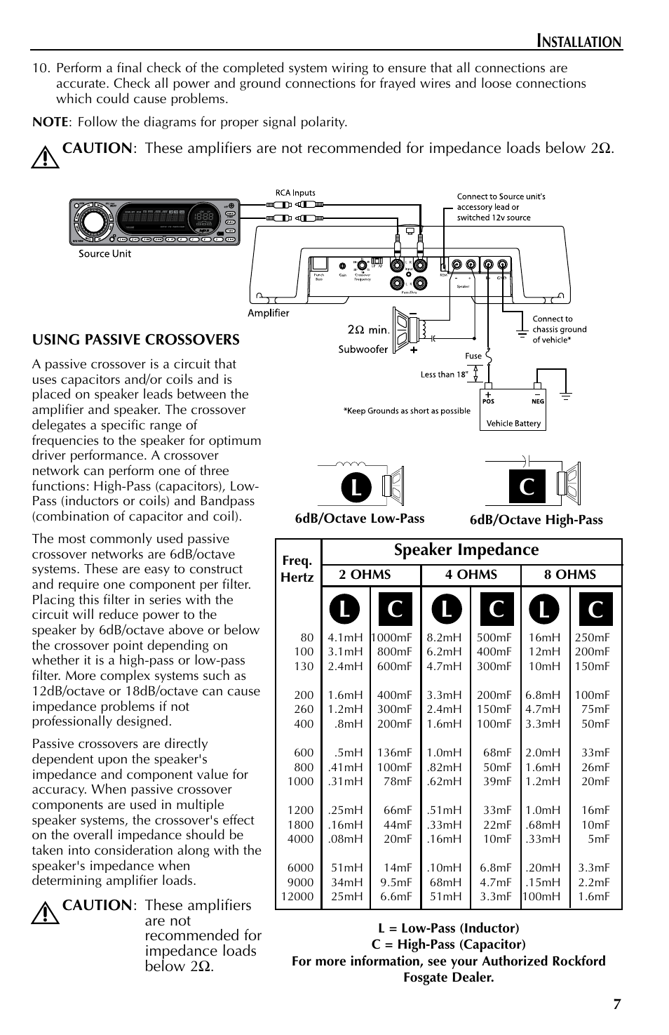 Connections, Lc c c, Speaker impedance | Rockford Fosgate punch 250M User Manual | Page 7 / 12