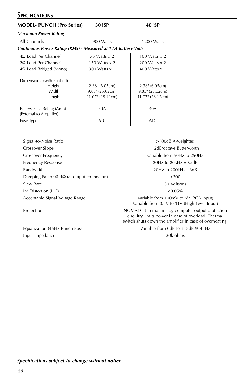 Pecifications | Rockford Fosgate 401SP User Manual | Page 12 / 40