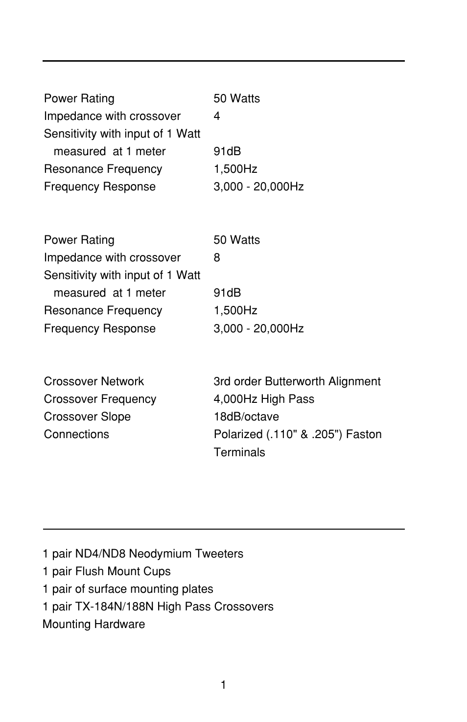 Specifications, Nd4-xfm/nd8-xfm neodymium tweeter contents | Rockford Fosgate ND8-XFM User Manual | Page 4 / 14