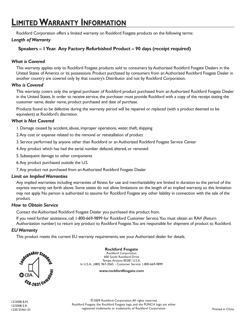 Imited, Arranty, Nformation | Rockford Fosgate Punch P1L-2X10 User Manual | Page 4 / 4