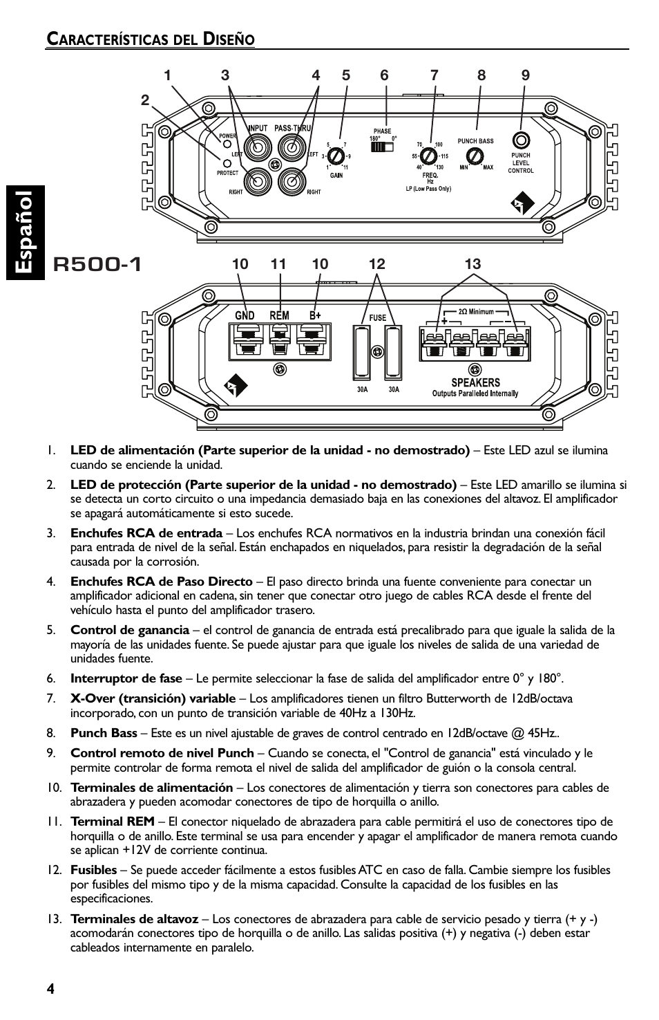 Es p añol, R500-1 | Rockford Fosgate Prime R500-1 User Manual | Page 24 / 52