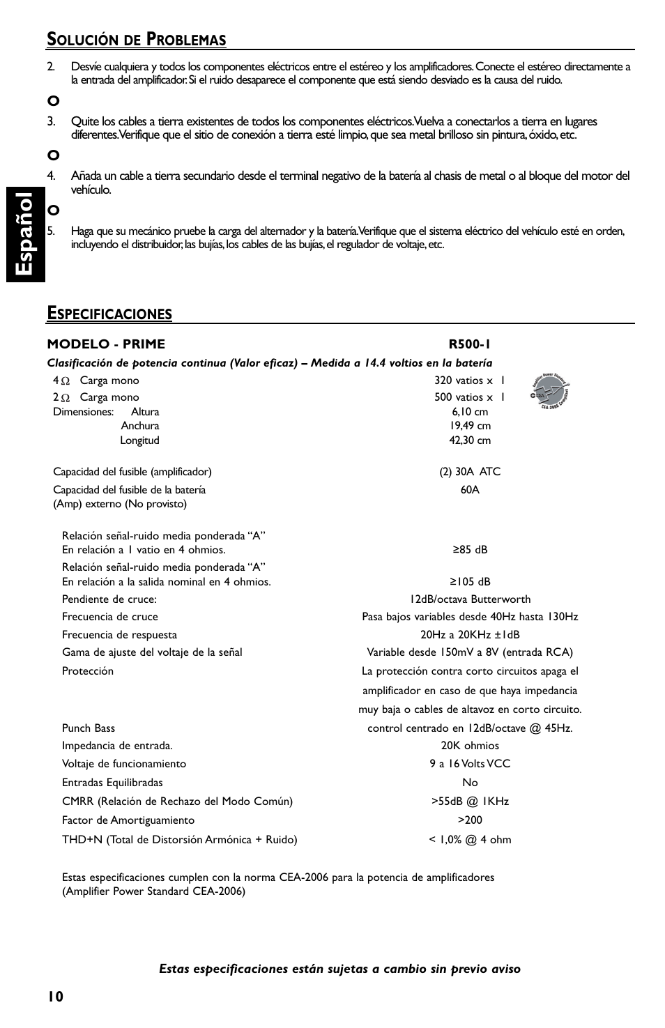 Es p añol | Rockford Fosgate Prime R500-1 User Manual | Page 30 / 52